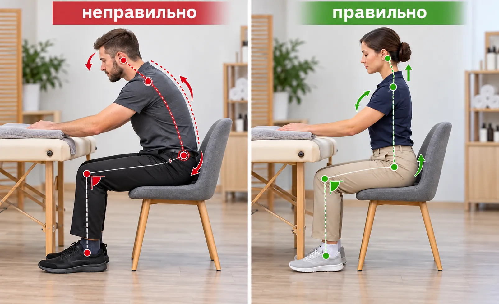Сравнение неправильной и правильной посадки массажиста во время работы сидя